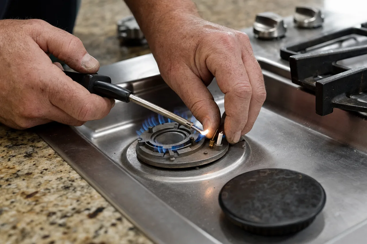 Technician adjusting a gas cooktop burner in a Scarsdale kitchen