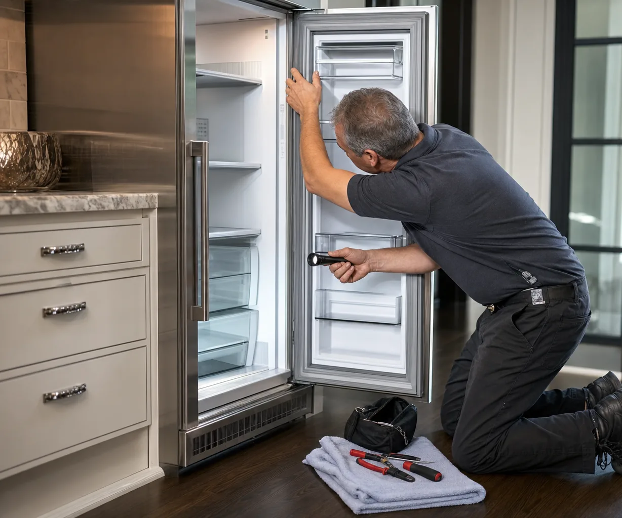 Technician repairing a built-in refrigerator up close