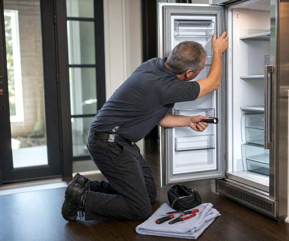 Technician repairing a built-in refrigerator in a Scarsdale kitchen