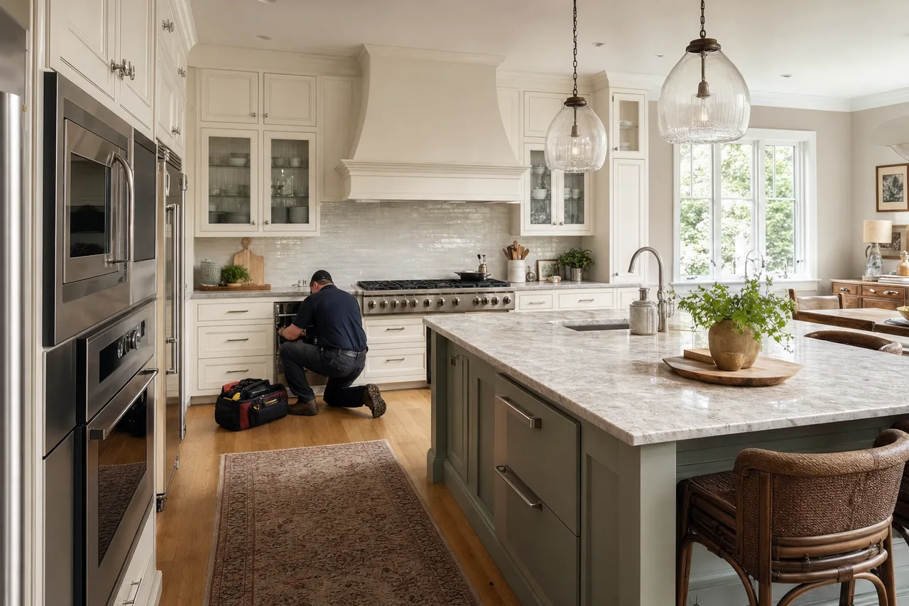 A luxury kitchen with built-in stainless appliances mid-repair