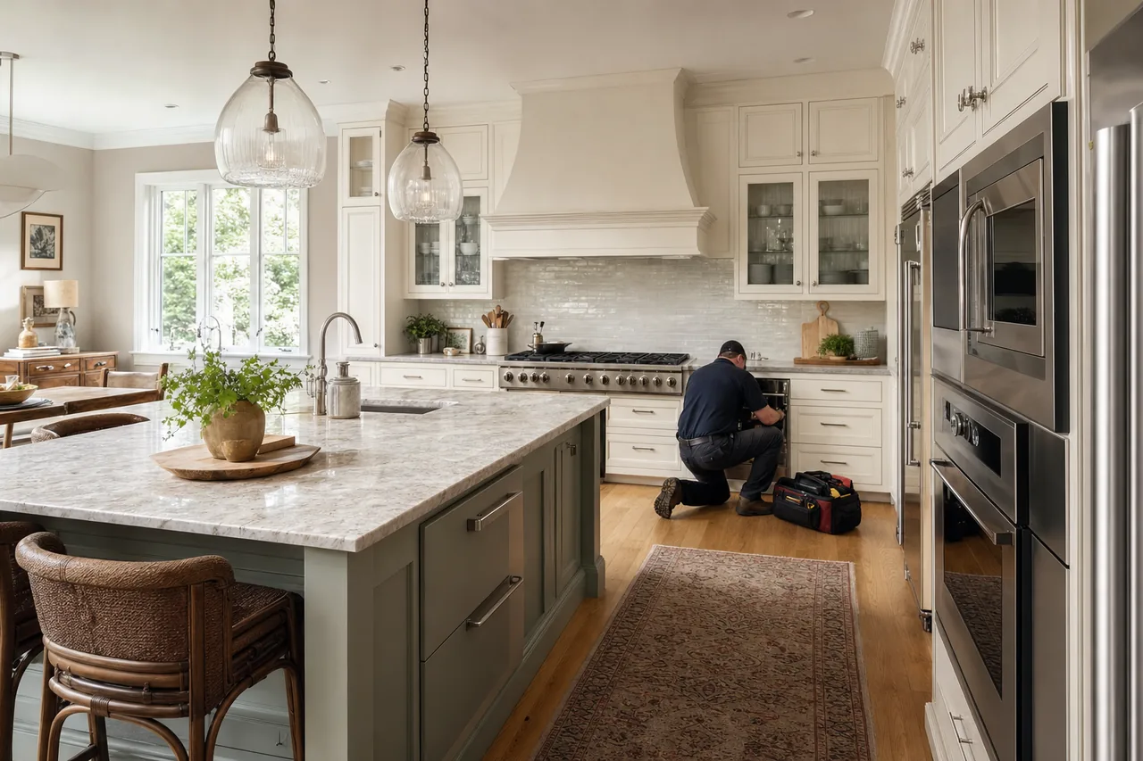 A luxury kitchen with built-in stainless appliances in a Scarsdale kitchen